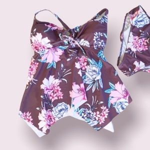 VENUS  Hawaiian shark-bite floral tankini top pink brown blue, size 6